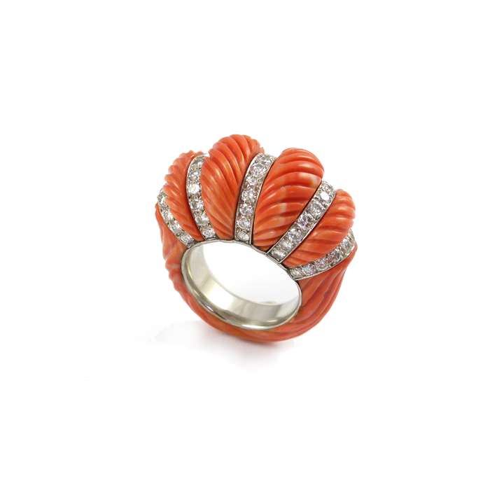 Diamond and carved corallium rubrum ring